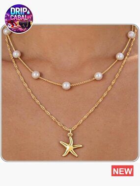 Layered Shell Necklace Set 14K Gold Plated Starfish Pendant Dainty Beach Jewelry